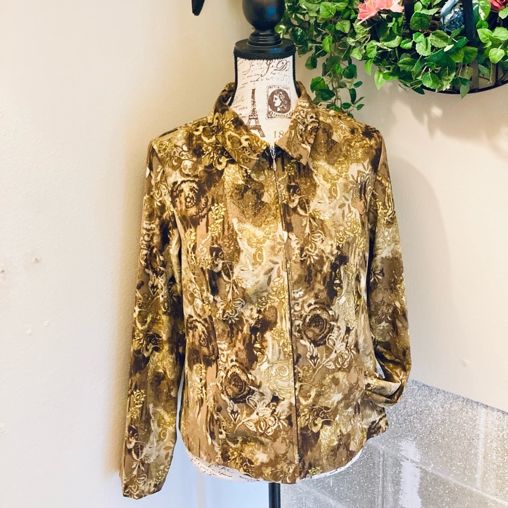 Christopher & Banks Medium Stretchy Zip-up Jacket Floral Abstract Brown Tan Gold